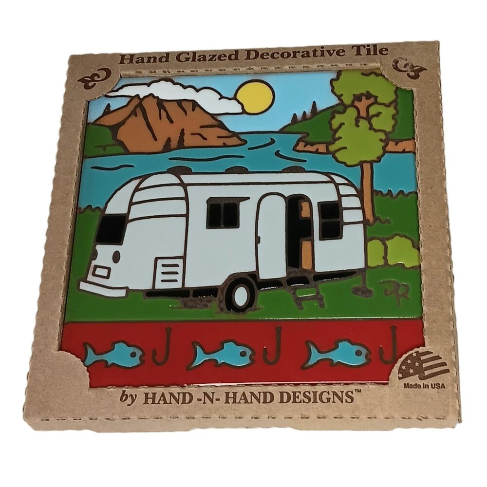 Art Tile Airstream Trailer Camper Lake Mountains Fish Hand N Hand Designs - New